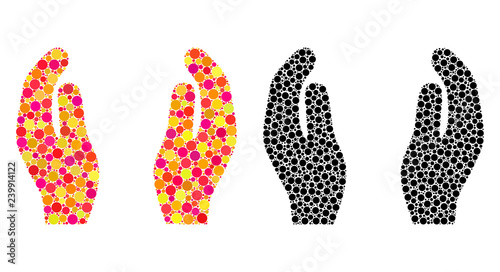 Dot care hands mosaic icons. Vector care hands icons in colorful and black versions. Collages of random circle dots. Vector collages of care hands icons combined of irregular small circles.