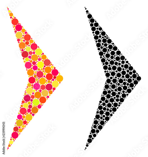 Dot arrowhead right mosaic icons. Vector arrowhead right icons in colorful and black versions. Collages of variable round spots.