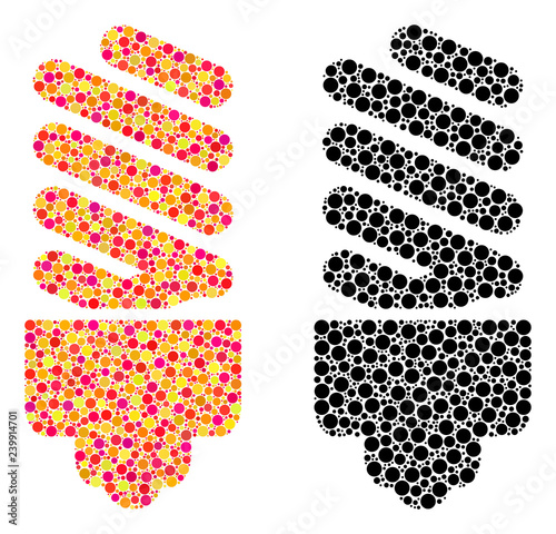 Pixel fluorescent bulb mosaic icons. Vector fluorescent bulb pictograms in bright and black versions. Collages of casual spheric dots.
