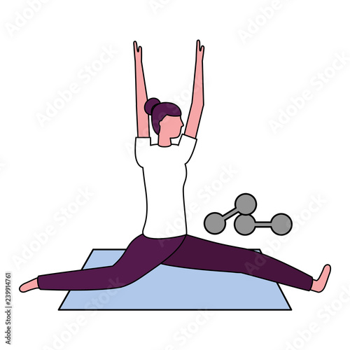 woman making yoga with mat and dumbbells