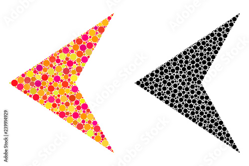 Dot arrowhead left mosaic icons. Vector arrowhead left icons in bright and black versions. Collages of arbitrary spheric dots.