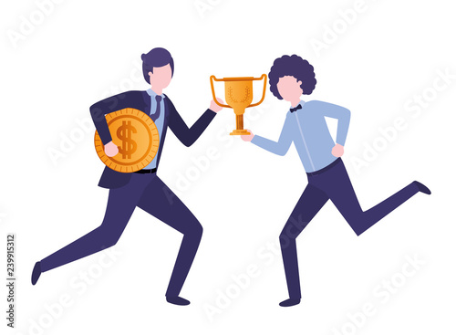businessmen with trophy and coin character