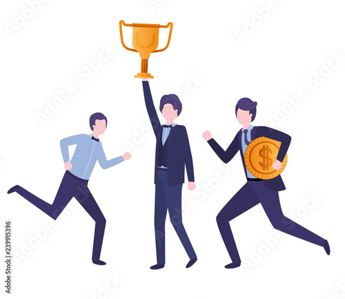 businessmen with trophy and coin character