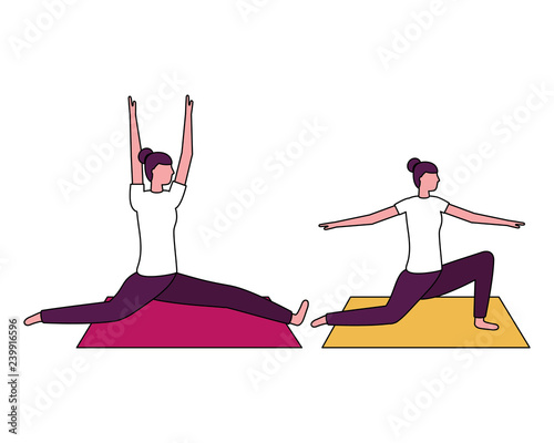 women practicing yoga on mat