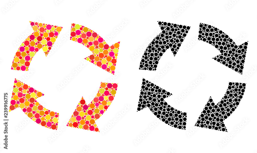 Pixel circulation mosaic icons. Vector circulation pictograms in bright and black versions. Collages of variable circle elements. Vector collages of circulation icons made of variable small spheres. Pixel circulation mosaic icons. Vector circulation pictograms in bright and black versions. Collages of variable circle elements. Vector collages of circulation icons made of variable small spheres.