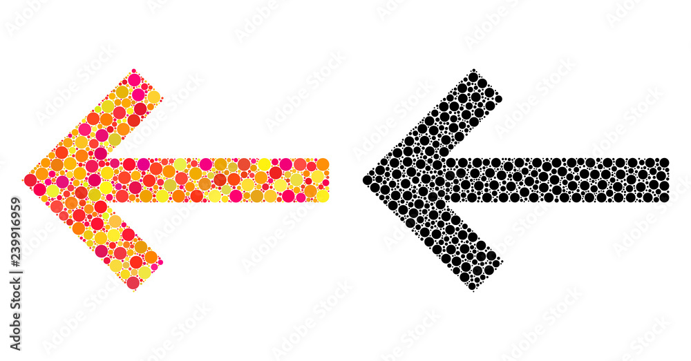 Dot left arrow mosaic icons. Vector left arrow icons in colorful and black versions. Collages of random round elements. Vector collages of left arrow images created of different round dots. Dot left arrow mosaic icons. Vector left arrow icons in colorful and black versions. Collages of random round elements. Vector collages of left arrow images created of different round dots.