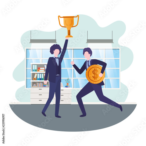 businessmen with trophy and coin in living room