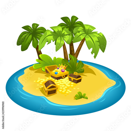 vector illustration of an island in the ocean of palm trees and treasures