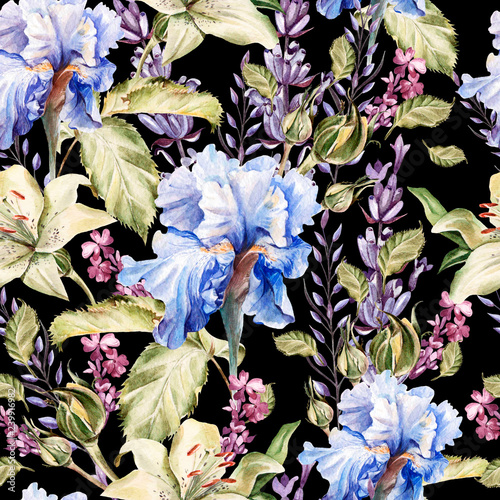 Watercolor pattern with flowers iris, lavender, roses, buds and petals.