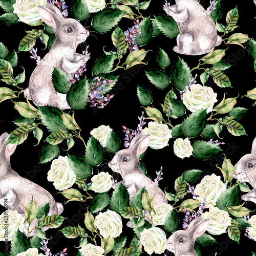 Watercolor pattern with Fanny banny, green leaves and lavender flowers.