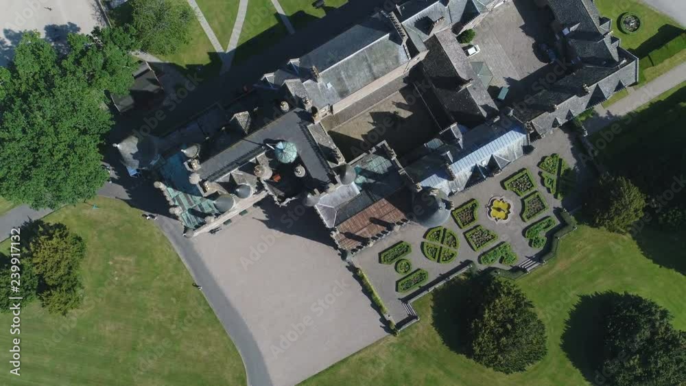 Overhead drone shot of historic Glamis castle in Scotland Overhead drone shot of historic Glamis castle in Scotland
