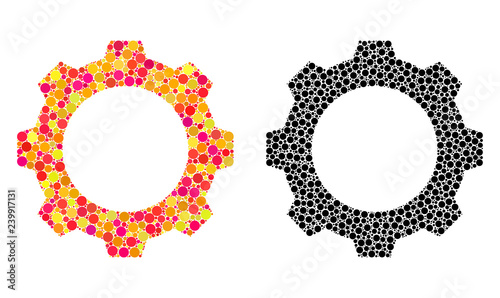 Dotted gear mosaic icons. Vector gear pictograms in colorful and black versions. Collages of arbitrary spheric spots. Vector collages of gear icons done of arbitrary spheric particles.