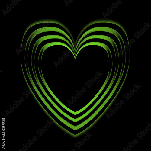 Green shiny heart on black background