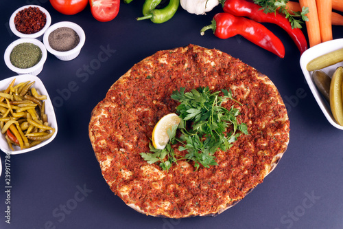 Traditional delicious Turkish foods; Lahmacun (Turkish pizza) photo