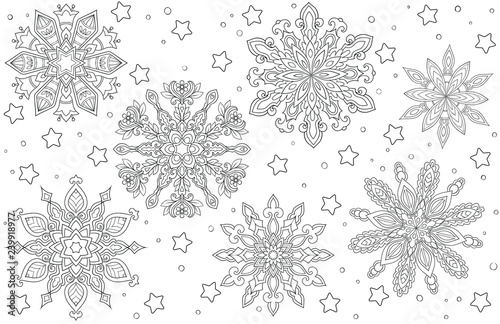 New year and Christmas theme. Black and white graphic doodle hand drawn sketch for adult coloring book. Ethnic pattern snowflakes