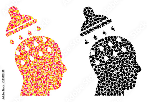 Dot brain washing mosaic icons. Vector brain washing pictograms in multi-colored and black versions. Collages of variable round spots.