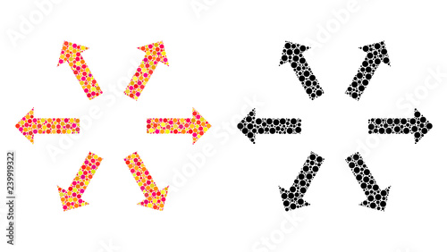 Dot radial arrows mosaic icons. Vector radial arrows icons in multi-colored and black versions. Collages of random circle elements.
