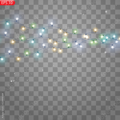 Christmas lights isolated realistic design elements. Glowing lights for Xmas Holiday cards, banners, posters, web design. Garlands decorations.