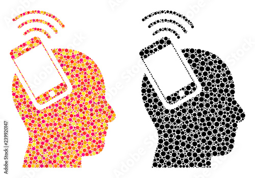 Pixel head smartphone plugin ring mosaic icons. Vector head smartphone plugin ring pictograms in multi-colored and black versions. Collages of irregular circle elements.