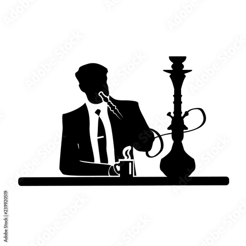 Businessman silhouette of a man in a suit and tie resting in a comfortable armchair with oriental hookah. Vector illustration. Relaxed cartoon in relaxation or leisure theme design