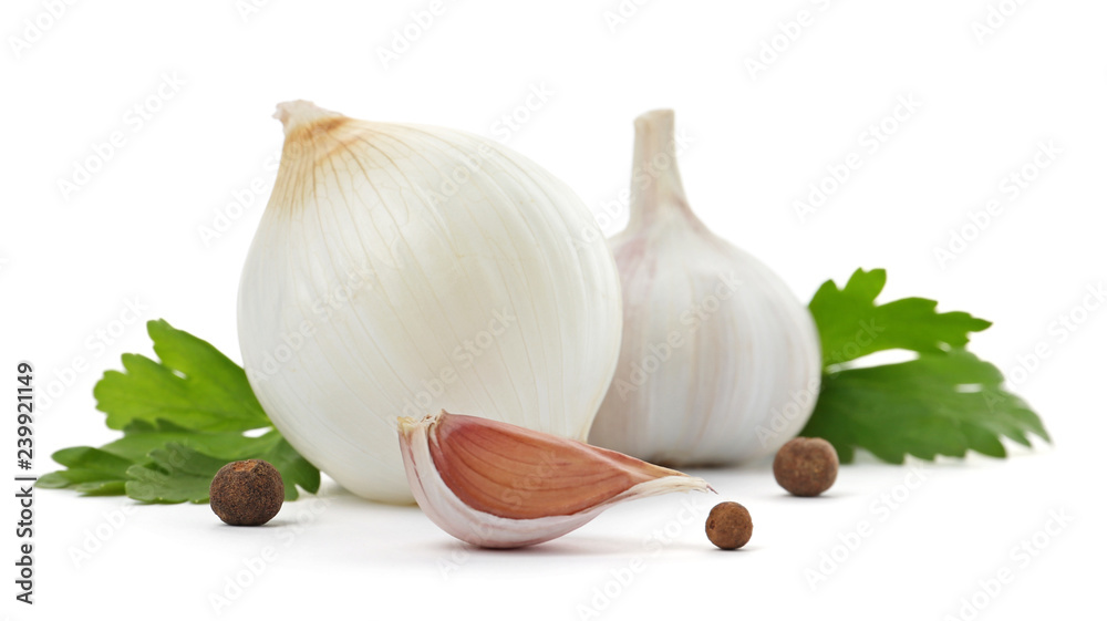 Garlic, onion, allspice and parsley on white background - obrazy, fototapety, plakaty 