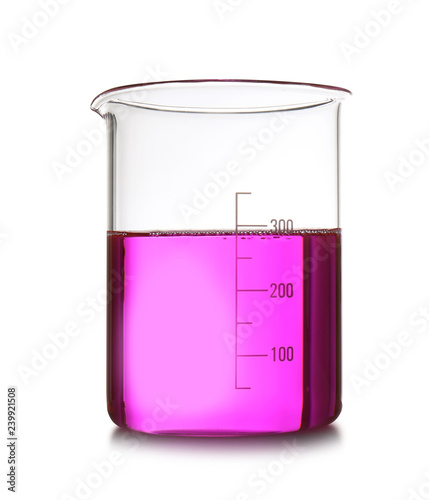 Beaker with color sample isolated on white. Chemistry laboratory glassware