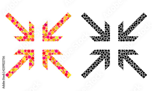 Dotted collide arrows mosaic icons. Vector collide arrows icons in multi-colored and black versions. Collages of irregular circle dots. Vector mosaics of collide arrows icons designed of casual dots.