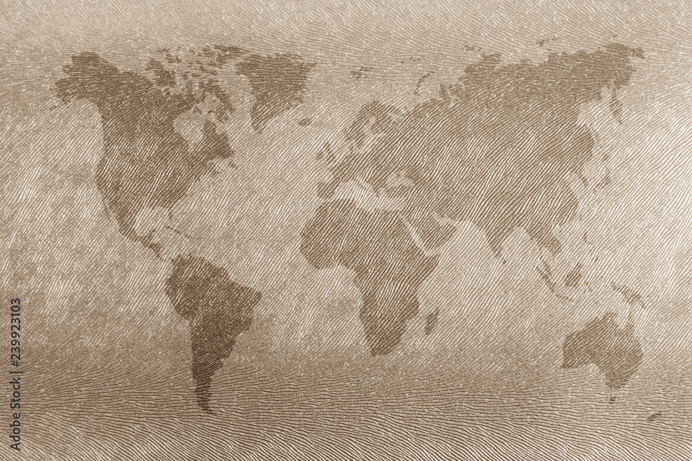 World map vintage pattern on skin background in light sepia tone, watercolor.