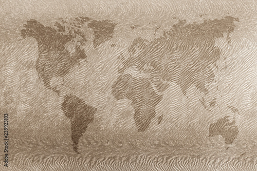 Fototapeta Naklejka Na Ścianę i Meble -  World map vintage pattern on skin background in light sepia tone, watercolor.