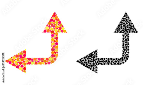 Dot bifurcation arrow left up mosaic icons. Vector bifurcation arrow left up icons in bright and black versions. Collages of random spheric elements.