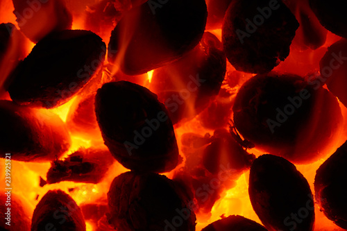 Burning glowing coal fire close-up background