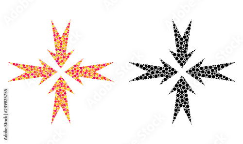 Dotted compression arrows mosaic icons. Vector compression arrows icons in bright and black versions. Collages of arbitrary round spots.