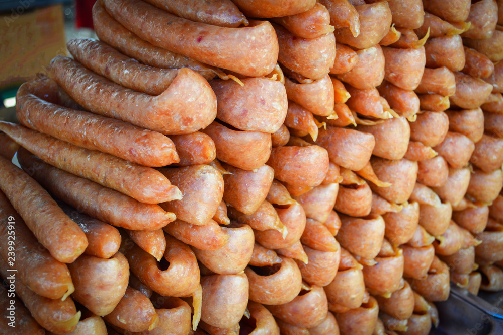 pile of chinese sausage background / Chinese Pork Sausages (Gun-chiang) in street food pile of chinese sausage background / Chinese Pork Sausages (Gun-chiang) in street food