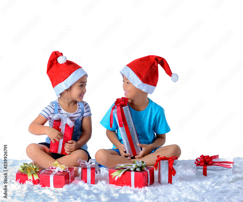Obraz premium portrait of happy little asian boy and girl with Many gift boxes isolated on white background