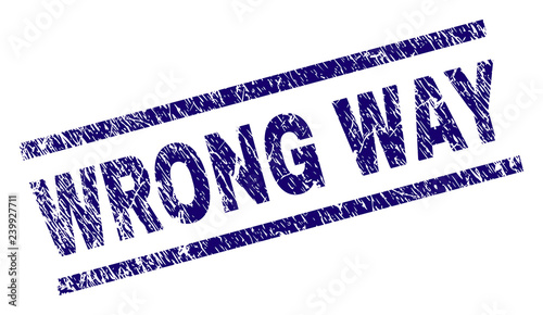 WRONG WAY seal print with grunge style. Blue vector rubber print of WRONG WAY caption with unclean texture. Text caption is placed between parallel lines.