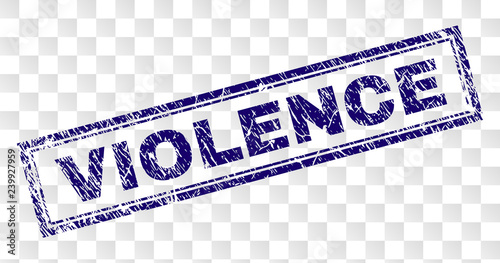 VIOLENCE stamp seal watermark with rubber print style and double framed rectangle shape. Stamp is placed on a transparent background. Blue vector rubber print of VIOLENCE text with retro texture.