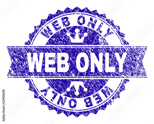 WEB ONLY rosette stamp watermark with distress style. Designed with round rosette, ribbon and small crowns. Blue vector rubber watermark of WEB ONLY label with scratched style.