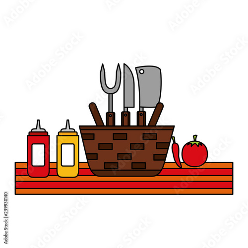wicker basket picnic sauces and utensils
