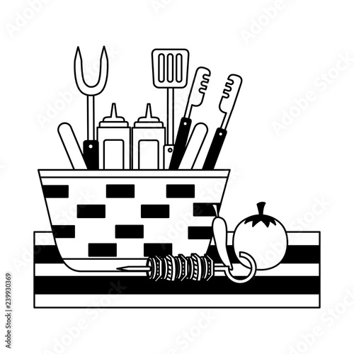 wicker basket barbecue sauces tongs