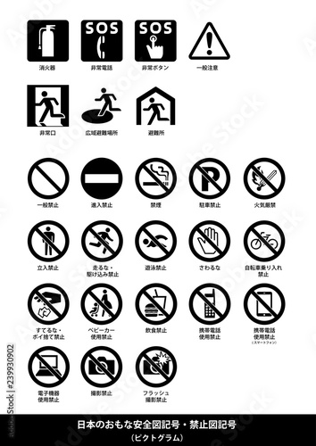 安全記号・禁止記号　イラストセット/ 白黒（日本語解説付き