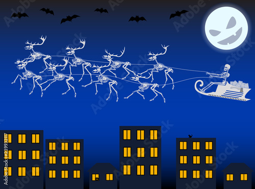 Vector illustration of the halloween with a team of reindeer skeletons