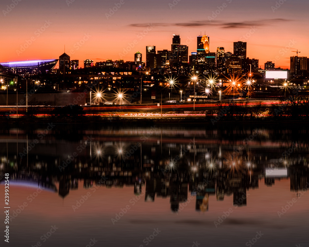 Minneapolis downtown skyline at sunset