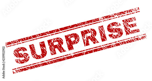 SURPRISE seal print with distress texture. Red vector rubber print of SURPRISE caption with scratched texture. Text caption is placed between double parallel lines.