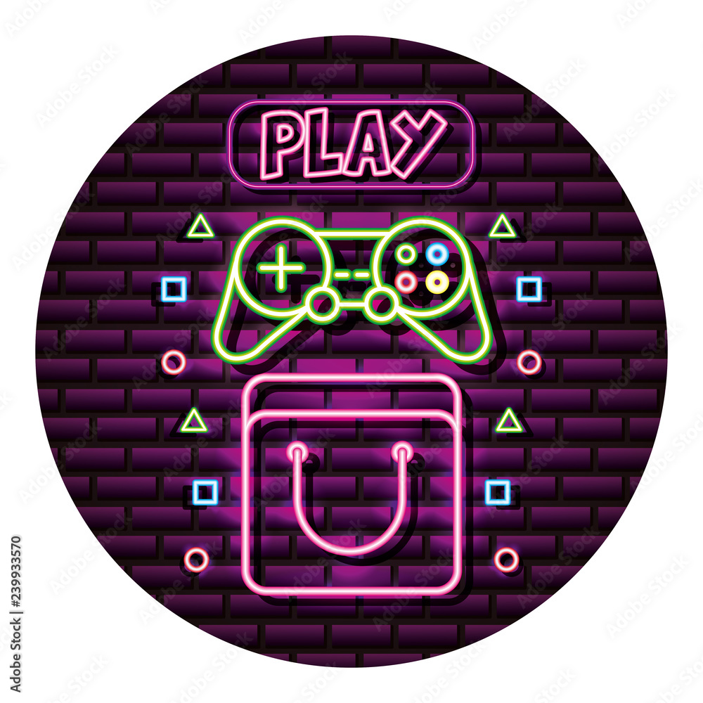 Obraz premium bag controller and play neon video game wall