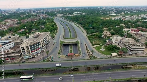 Aerial view of cars travelling on Lahore's impressive infrastructure in Pakistan photo