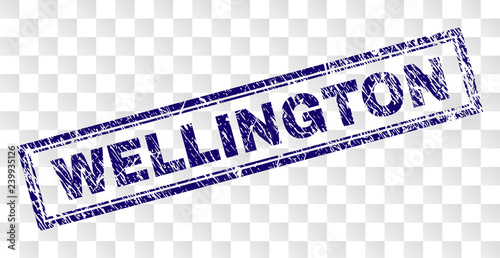 WELLINGTON stamp seal print with rubber print style and double framed rectangle shape. Stamp is placed on a transparent background. Blue vector rubber print of WELLINGTON caption with grunge texture.