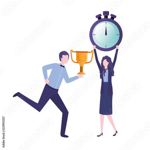 business couple with clock and trophy avatar character