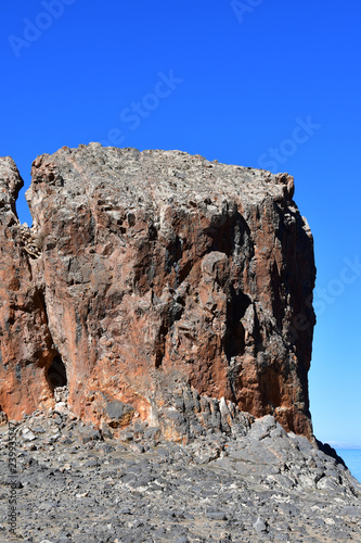 Tibet, lake Nam-Tso (Nam Tso) in summer, 4718 meters above sea level. Fragment of geoglyph - the ears of the horse on cape Tomchok. Place of power photo