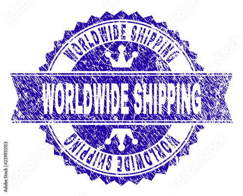 WORLDWIDE SHIPPING rosette seal watermark with grunge style. Designed with round rosette, ribbon and small crowns. Blue vector rubber watermark of WORLDWIDE SHIPPING caption with grunge texture.