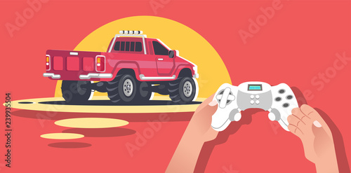 Hands Holding Video game console. The game of car racing, race SUVs, pickups, monster truck. The survival game cars with huge huge wheels